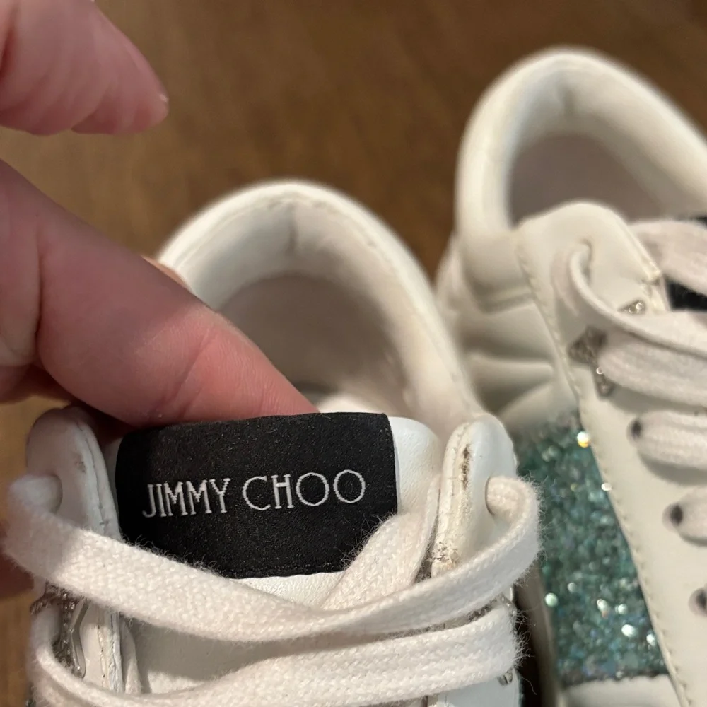 Jimmy Choo White and Teal Glitter Sneakers - Picture 2 of 8